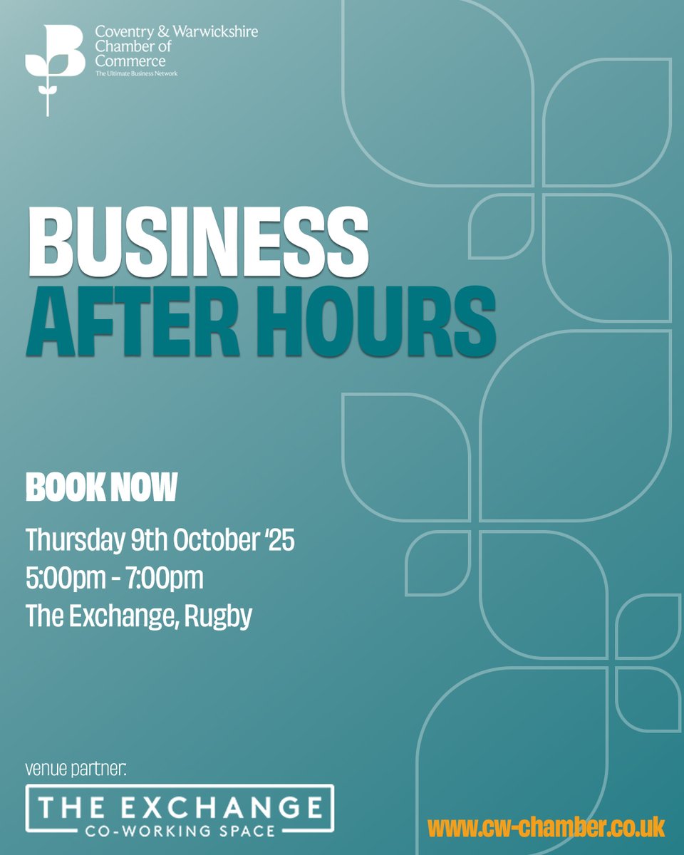 EVENTS | Join us for our upcoming Business After Hours event, in partnership with The Exchange!

📅Tuesday 9th October '25, 5:00pm - 7:00pm
📍The Exchange, Rugby

Book your FREE place now! 👉cw-chamber.co.uk/events/busines…
