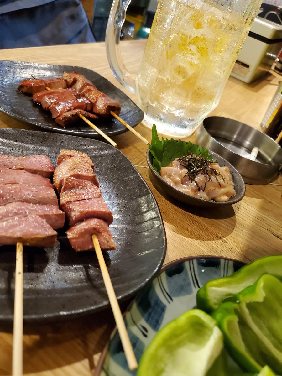 今日も暑かったね！

メガハイボール
レバー、はつ、塩辛、🫑から！

乾杯！