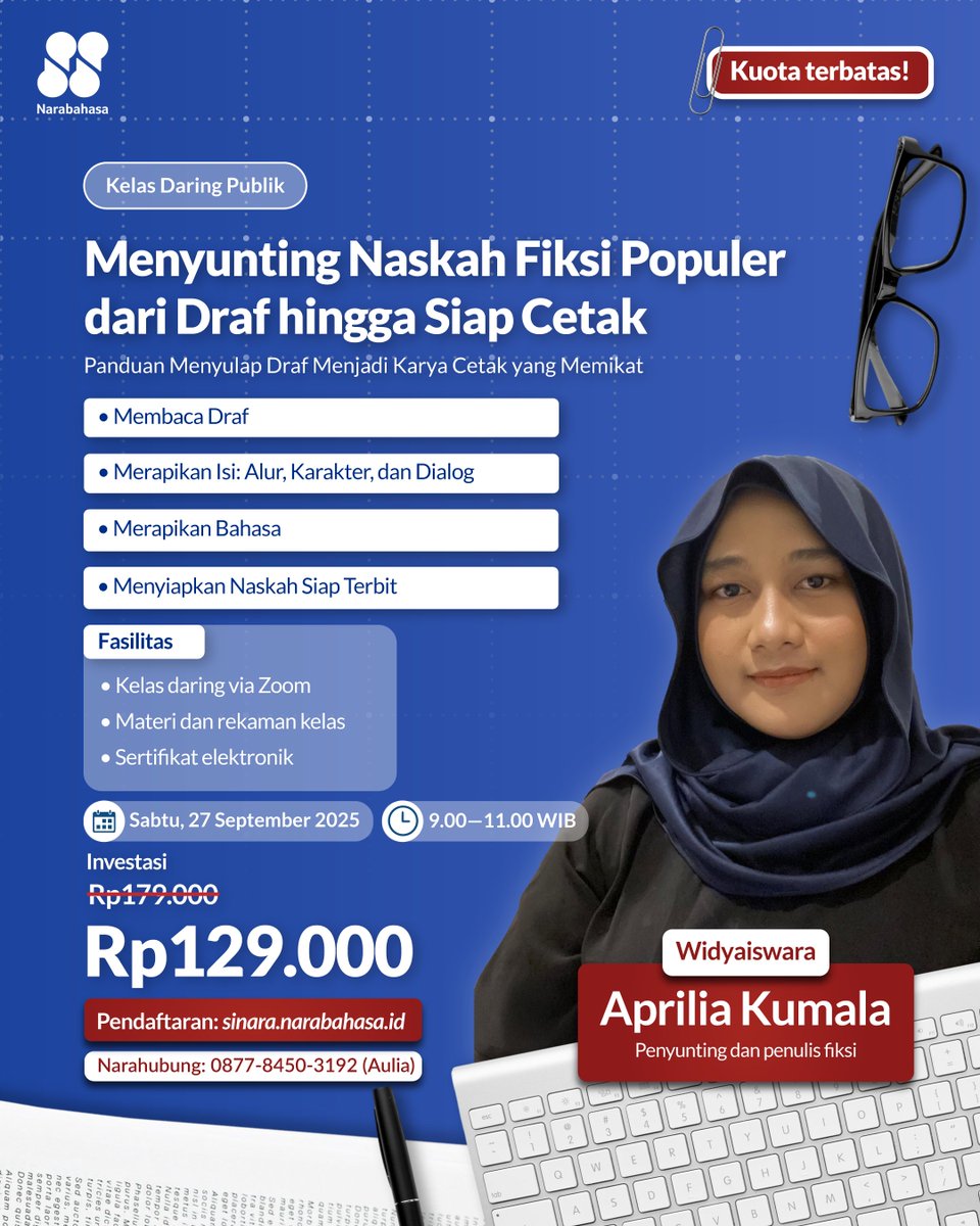 📞📞📞 PANGGILAN KEPADA CALON PENYUNTING NASKAH FIKSI 📞📞📞

Kelas Menyunting Naskah Fiksi Populer dari Draf hingga Siap Cetak akan diadakan kurang dari dua pekan lagi, lo. Kerabat Nara belum mendaftar? Yuk, segera amankan tempat melalui sinara.narabahasa.id!