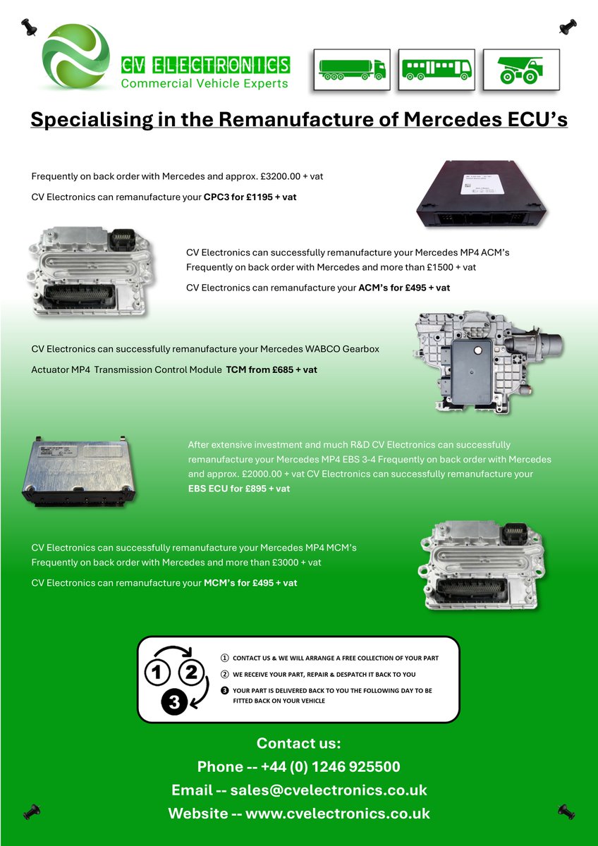 cvelectronics's tweet image. CV Electronics specialises in the remanufacturing of Mercedes ECUs. 

These units are often back-ordered with Mercedes and priced around £3200.00 + VAT. However, CV Electronics offers remanufacturing of your CPC3 for £1195 + VAT. 
cvelectronics.co.uk/product/merced…

Additionally, CV…