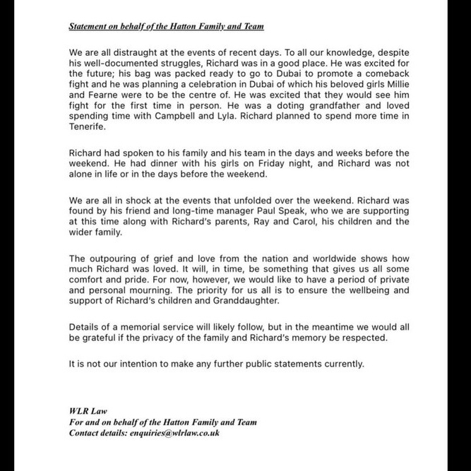 🥊🇬🇧 Hatton family statement released:

So sad reading this and our thoughts continue to be with all those affected by Ricky’s passing🙏