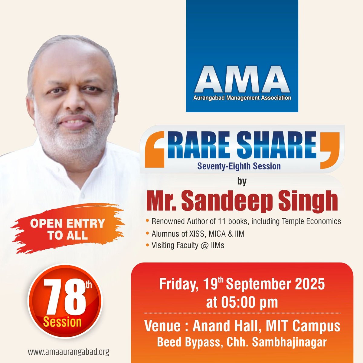 ama_csn's tweet image. Mr. Sandeep Kumar Singh, a visionary thinker and renowned authority on Temple Economics is the spaker of AMA Rare share event on 19th sept
@MIT Ch sambhajinagar

#TempleEconomics #IndianWayOfManagement #RareShare #AurangabadManagementAssociation #Leadership #CultureAndEconomy