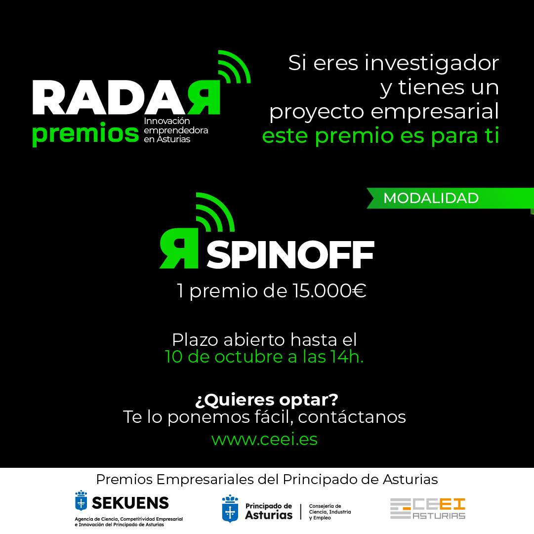 ceeiasturias's tweet image. 🚀 #PremiosRADAR 2025 – SPIN-OFF
¿Tienes una tecnología o know-how fruto de la investigación con potencial de convertirse en negocio en Asturias?

🏆 15.000 €
📅 Plazo: 10/10 (14h)
👉 La propuesta debe presentarla una entidad.

ℹ️ ceei.es/radar/

#SpinOff #CEEIAsturias