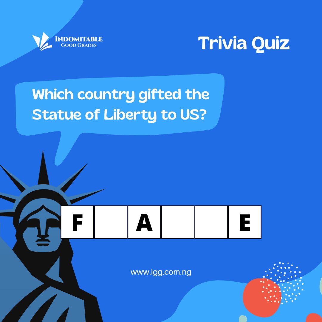 GoodIndomitable's tweet photo. 🗽 Trivia Time!
Which country gifted the Statue of Liberty to the US? 🇺🇸

Drop your answers in the comments ⬇️
No Googling o 😅

.
#IndomitableGoodGrades #TriviaQuiz #FunLearning #StaySmart https://t.co/qAAA6Jq3Sd