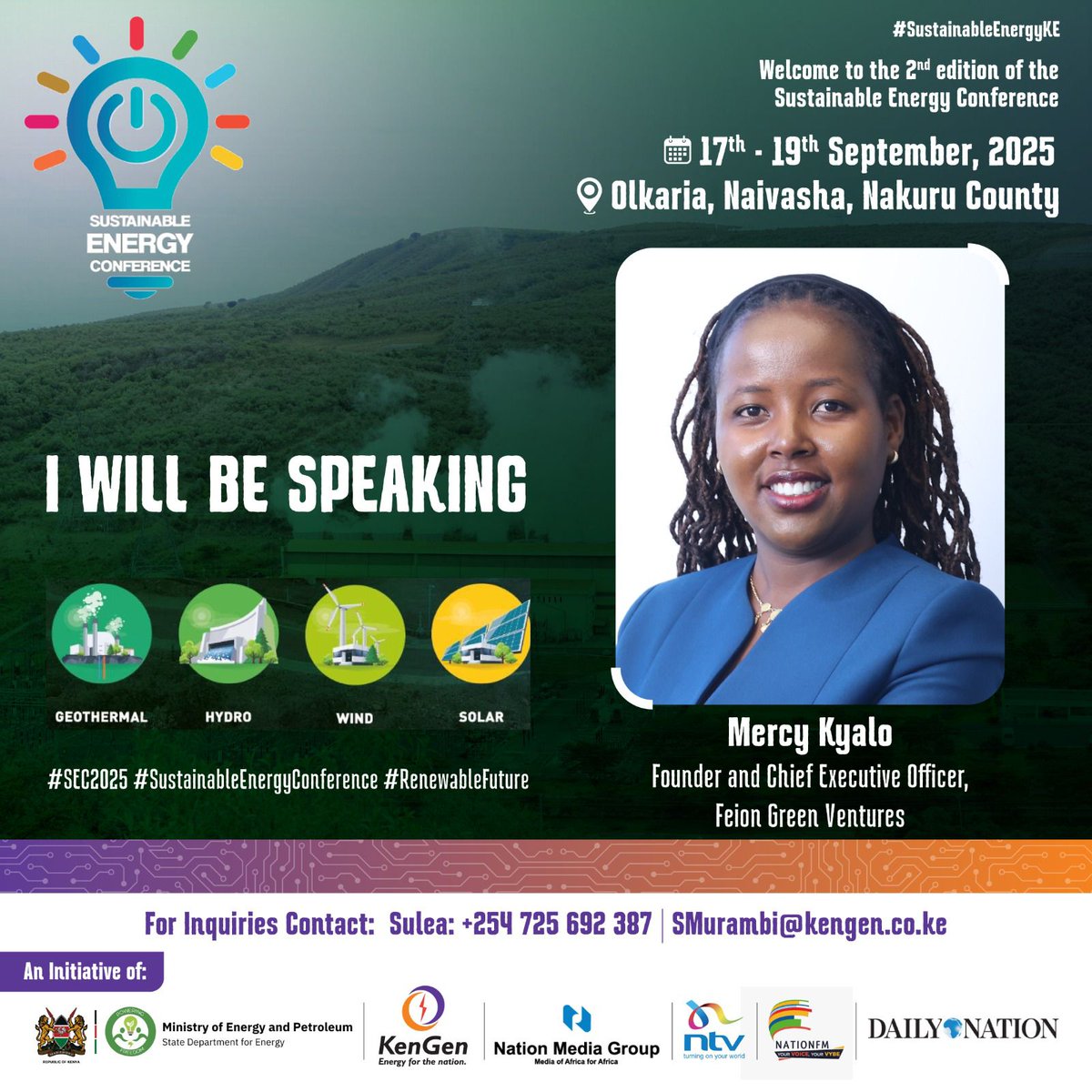🌍 Excited to share that our CEO, Mercy Kyalo, will be speaking at the 2nd Edition of the Sustainable Energy Conference in Olkaria, Naivasha – 17th to 19th September 2025! 

#SEC2025 #SustainableEnergyConference #CleanCooking #FeionGreenVentures #Partnerships