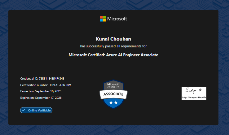 k_chouhan05's tweet image. 🎉 Excited to share a new milestone in my cloud journey!
I’m officially Microsoft Certified: Azure AI Engineer Associate 🤖✅ (AI-102).
@Azure  @MicrosoftLearn 
#Azure #AI #CloudComputing #MicrosoftCertified #AzureAI #Microsoftlearn