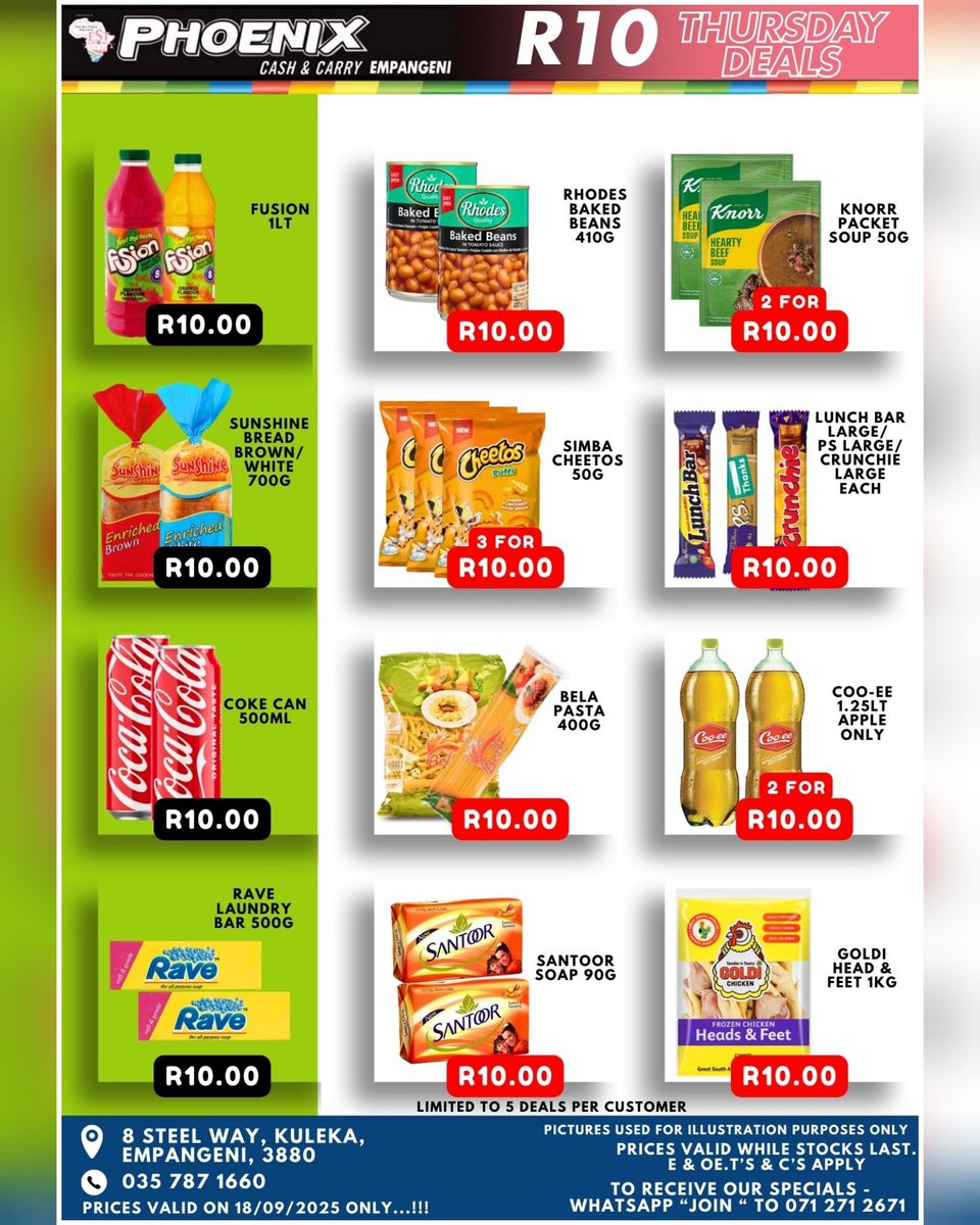 phxcncempangeni's tweet photo. 🇿🇦 R10 Thursday Deals 🇿🇦
Visit us for More Awesome Specials In-store.
Promotion valid on 18/09/2025 only ..!
Prices valid whilst stock lasts. Products may vary from pictures.
#phoenixcashandcarry #phoenixcashandcarryempangeni #empangeni #deals #special #butchery
@highlight https://t.co/JNETnNaYeh