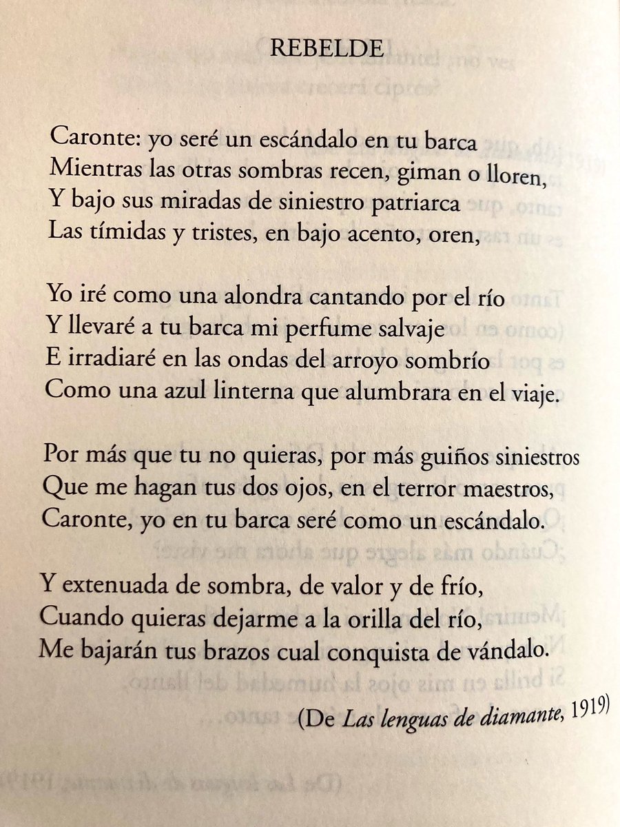 irenevalmore's tweet image. Estoy reuniendo poemas sobre la rebeldía, contra la resignación. Hace poco compartí “Desobedecer”, de Begoña Abad. Hoy este “Yo seré un escándalo en tu barca”, que Juana de Ibarbourou dedicó a Caronte, el barquero de las almas en su último viaje, “siniestro patriarca”.¿Más ideas?