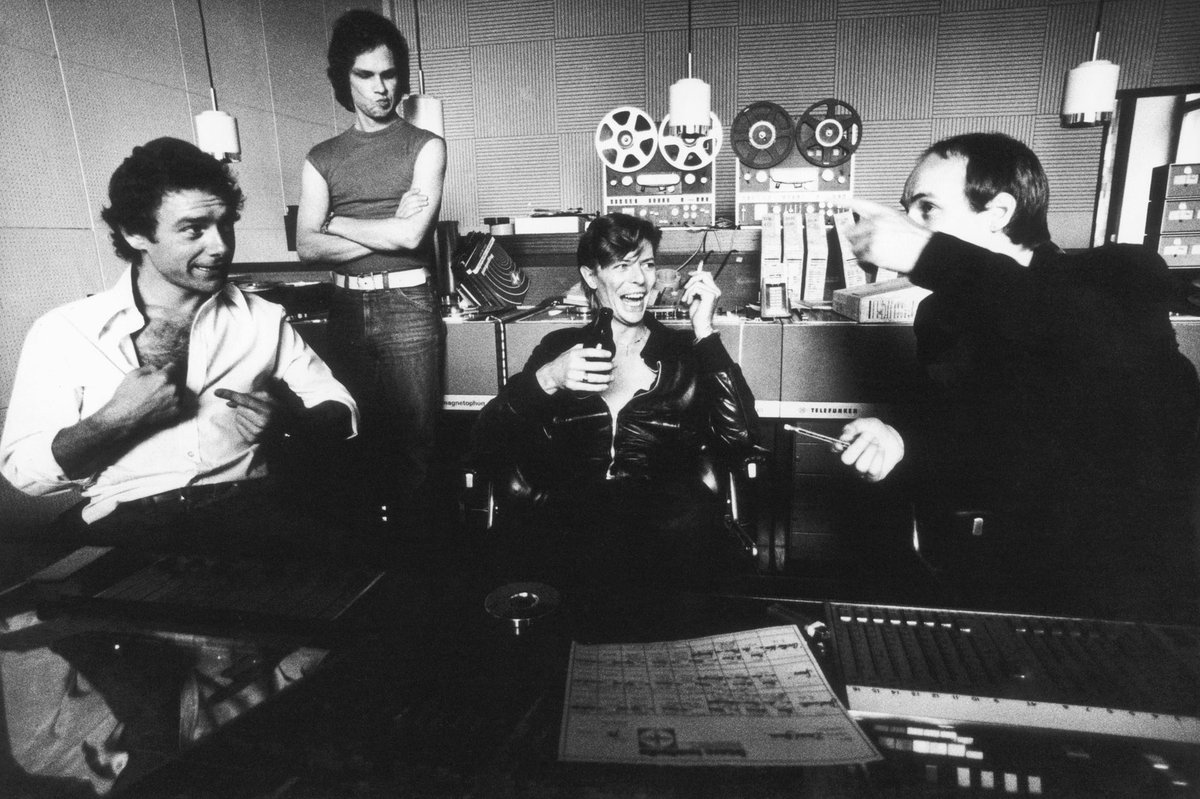 David Bowie, Brian Eno and Robert Fripp with sound engineer Colin Thurston, Hansa Studios, Berlin, 1977 by Christian Simonpietri
