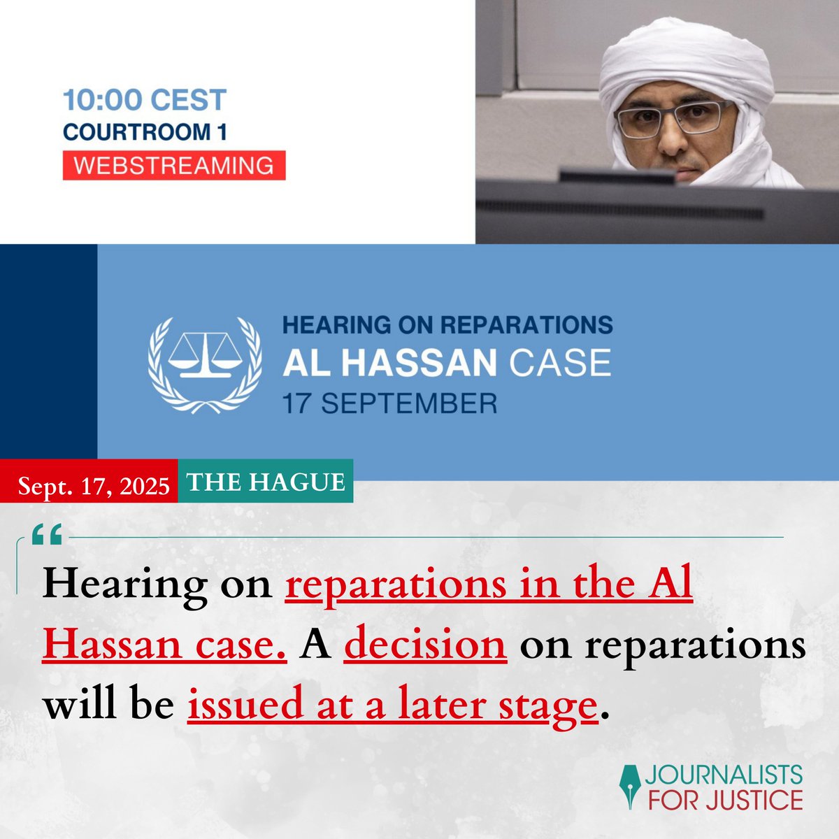 📢ONGOING: Hearing on reparations in the #AlHassan case by #ICC's Trial Chamber X. No decision is expected at the hearing, the judges will hear submissions on reparations in this case from the Legal representatives of victims, the Office of Public Counsel for Victims, the