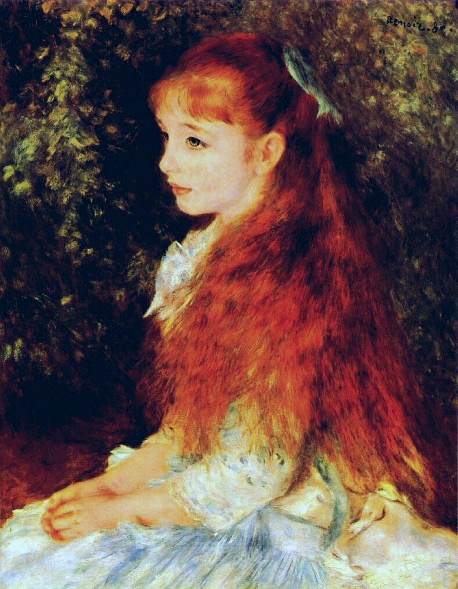 Telewhale's tweet image. “Portrait of Mademoiselle Irène Cahen d’Anvers” (1880) by Pierre-Auguste Renoir shows the young Irène with radiant red hair and a pensive gaze. Commissioned by her banker father, the portrait became one of Renoir’s most famous—and later endured a turbulent history during WWII. 🎨