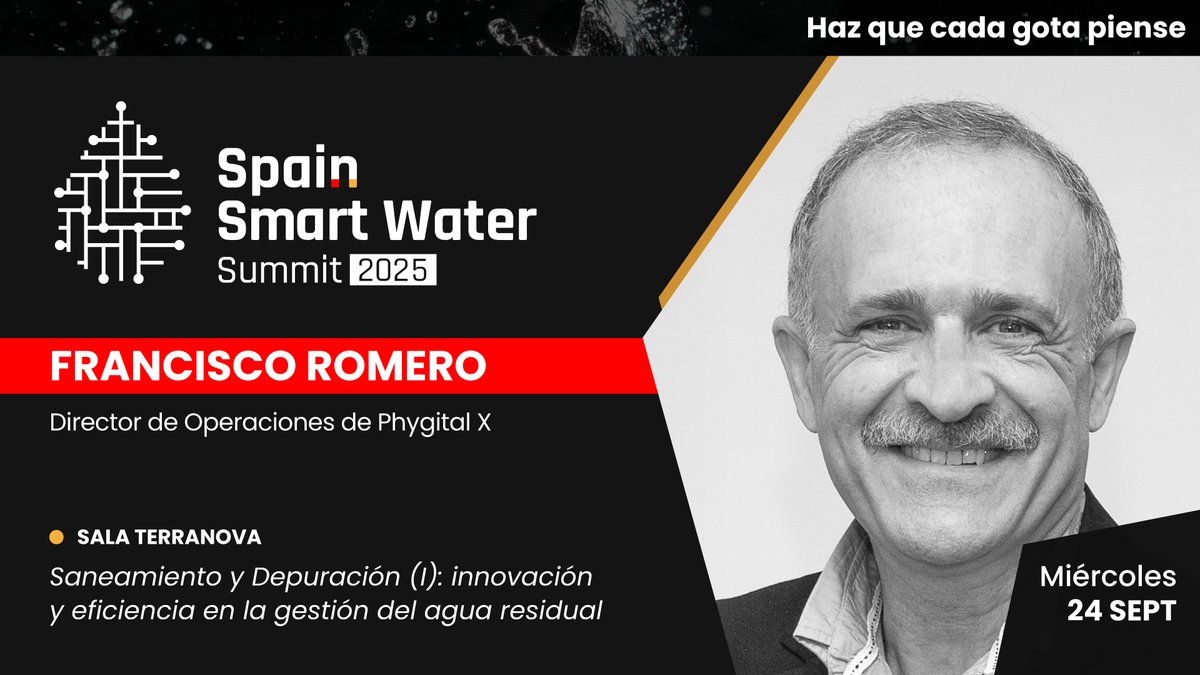 Ponente confirmado en #SSWS2025

👤 Francisco Romero — Director de Operaciones de Phygital X
🗓️ 24 sept | 📍 Sala Terranova
💬 Saneamiento y Depuración (I): innovación y eficiencia en la gestión del agua residual

👉 iagua.es/spain-smart-wa…

#HazQueCadaGotaPiense #SmartWater
