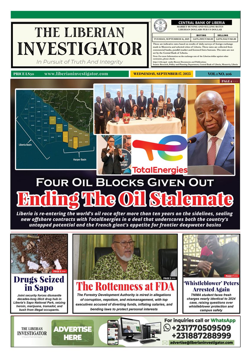 Wednesday, September 17, 2025, Cover Page of The Liberian Investigator Newspaper
#Liberia #LiberiaNews