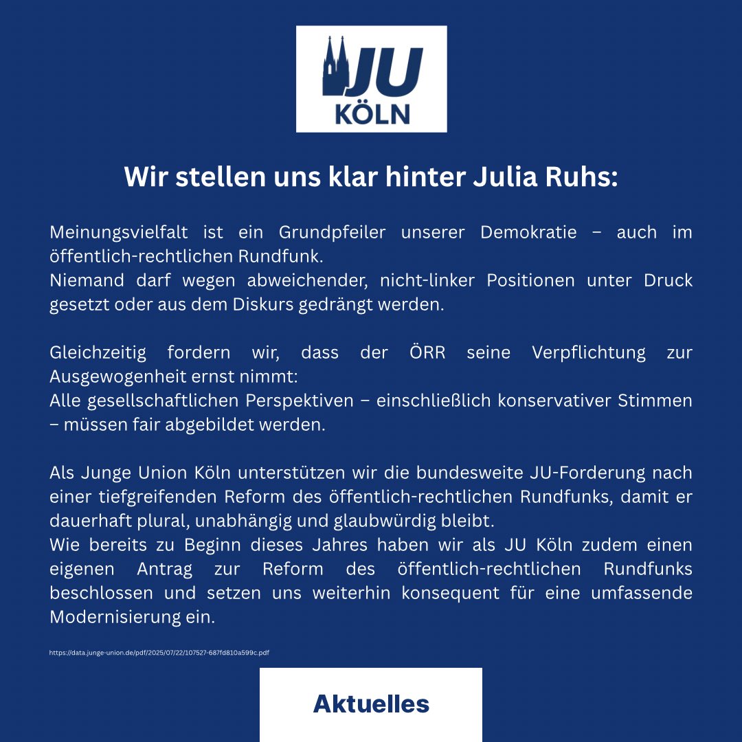 Solidarität mit <a href="/juliaruhs/">Julia Ruhs</a>! Meinungsvielfalt statt Einheitsmeinung im ÖRR. Auch konservative Stimmen müssen gehört werden. JU Köln fordert wie die  JU DL echte Veränderungen für einen unabhängigen, pluralen Rundfunk.#Meinungsfreiheit #juliaruhs #ndr #örr <a href="/OERRBlog/">ÖRR Blog.</a>