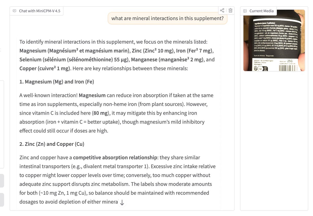 I love MiniCPM-V 4.5, it's underrated 

it's only 8B yet great in factual correction + thinking 💬

as they claim, gpt-4o level VLM on-device 👏 great work <a href="/OpenBMB/">OpenBMB</a>