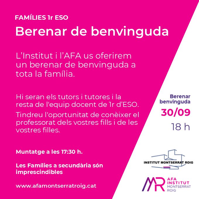 Atenció #familiesiesmontserratroig  
✨Berenar de Benvinguda a les famílies de 1r d'ESO 
📅Dimarts, 30 de setembre de 2025 
 ⌚️18 h, si ens ajudeu a muntar 30 minuts abans! 

Les famílies també som imprescindibles a secundària‼️ 

#somafa  
#SomelRoig 
🔗afamontserratroig.cat/berenar-benvin…