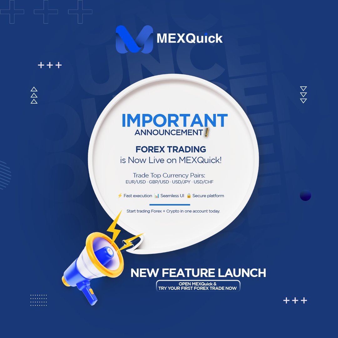 MexQuickOfcl's tweet photo. ๐ฅ NEW DROP: Forex Trading on MexQuick
๐ฑ EUR/USD ยท GBP/USD ยท USD/JPY ยท USD/CHF
โก Fast execution
๐ Seamless UI
๐ Secure platform
Crypto + Forex. One account.
Try your first trade now โ #MexQuick #ForexDrop #FintechFlex https://t.co/AmhNrqin0r