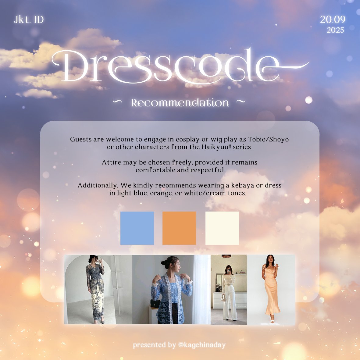 kagehinaday's tweet photo. Unsure of what to wear on this special day? Fret not, the grooms have chosen a dress code as a guide for our guests! 💗
Yet above all, what truly matters is your comfort, for joy shines brightest when you feel at ease. So, this is not a must!
#SetToTheSun #KagehinaDay 💙🧡 https://t.co/RwiJ0Msdzq