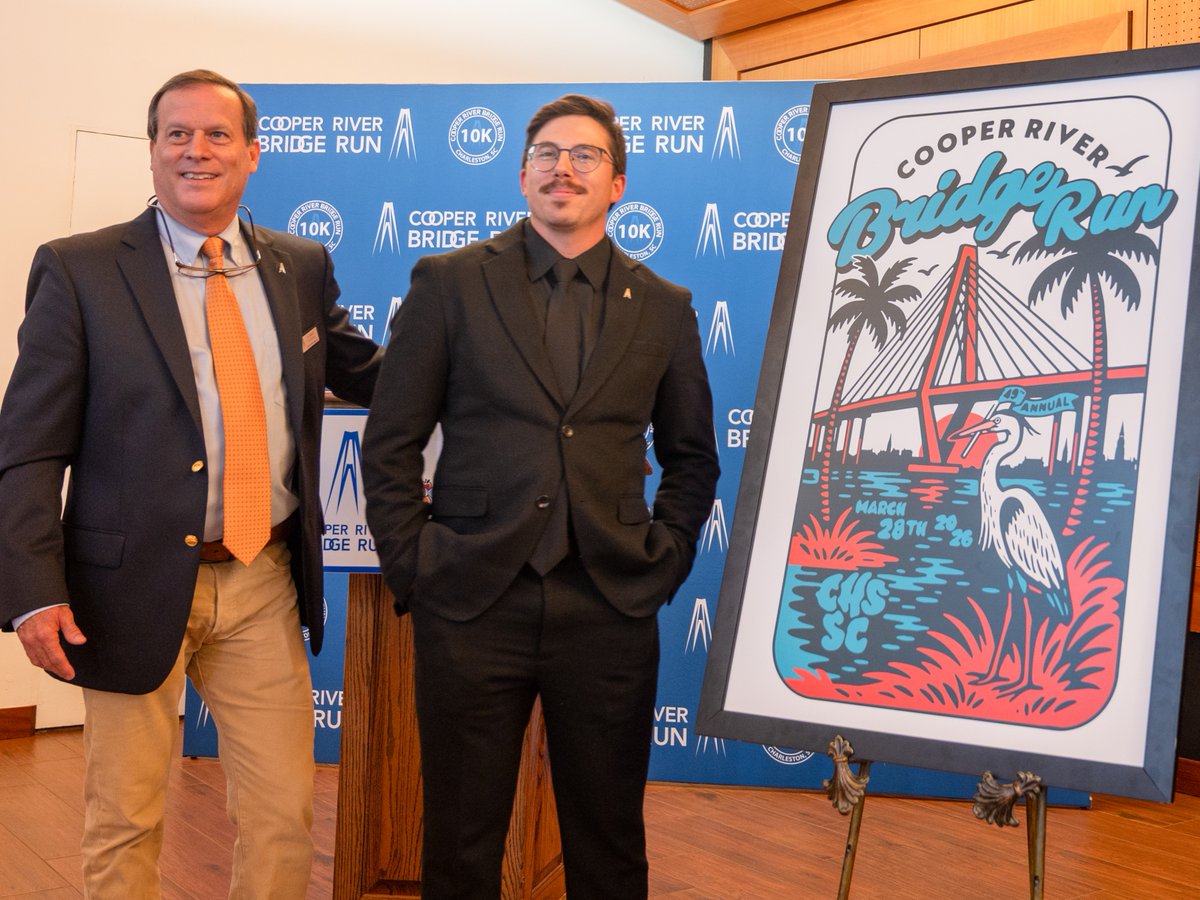 CRBridgeRun's tweet image. Congrats to Marcus Cripps, the 2026 Bridge Run Design winner! Marcus is a Charleston-based artist who channels the energy of the city and the creative spark of its communities into his work. This is his second Bridge Run Design win!