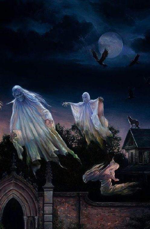 Ghosts haunt the moonlit house, their eerie forms swirling as bats and a wolf watch—perfect for Halloween’s chilling nightmare!  #SpookyGhosts #HorrorNight