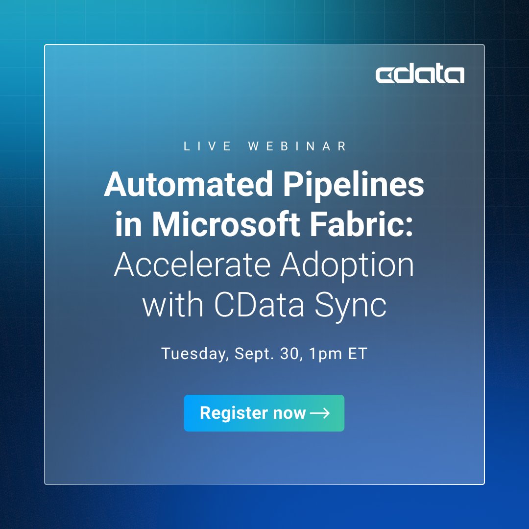 cdatasoftware's tweet image. 🤔 @Microsoft Fabric users: Want to automate data pipelines w/o the complexity?

Join us Sept 30 @ 1PM ET for a #livedemo on how CData simplifies ingestion into OneLake &amp;amp; more—no code, enterprise scale: bit.ly/46e6q5B

#DataStrategy #CData #MicrosoftFabric #Lakehouse