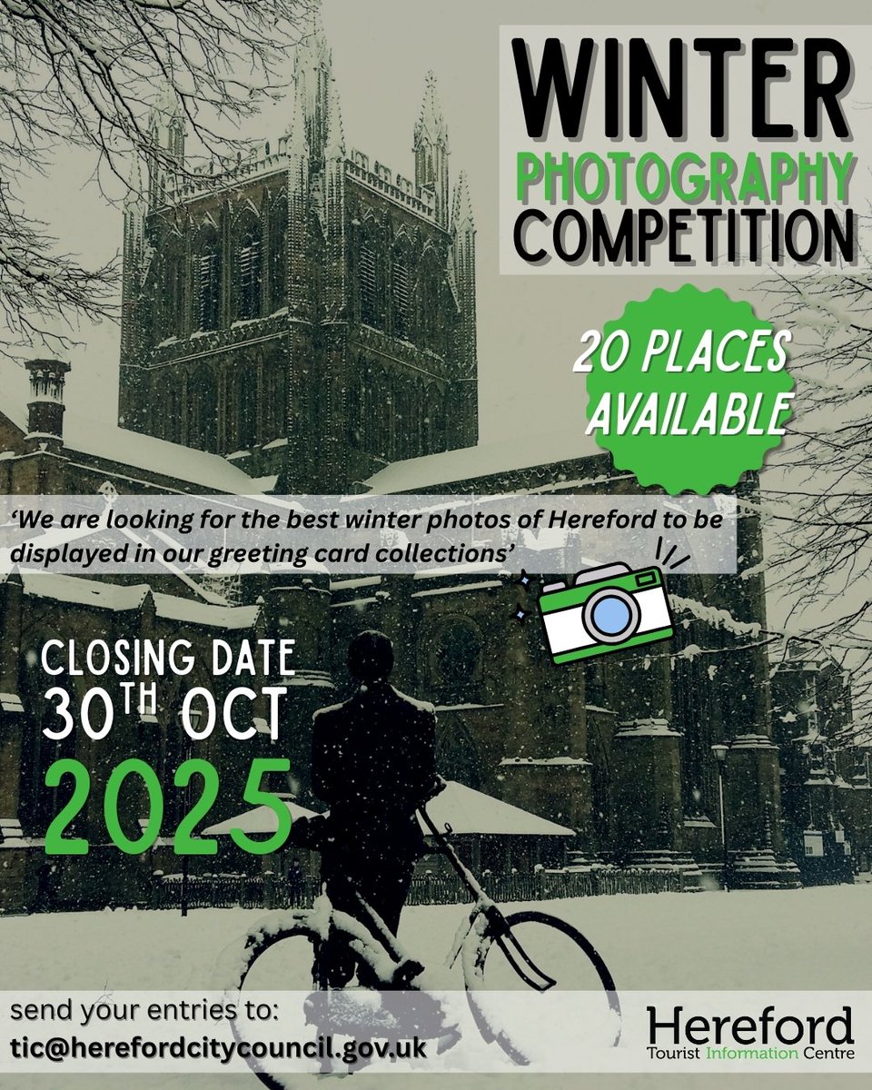 Could your photo capture the perfect winter moment? 

The Winter Greetings Card Photography Competition is calling all photographers – amateur or pro! 📸

20 entries will be selected 
Entries close on 30th October 2025!
Email your photo today: tic@herefordcitycouncil.gov.uk