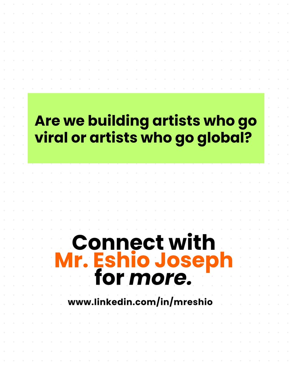 MrEshio's tweet image. A TikTok hit can take a song from Ghana to LA overnight.
It feels global. It looks global. But is it really?

Virality ≠ Strategy.
Attention fades. Infrastructure lasts.
The real question is:
Are we building artists who go viral — or artists who go global?

#MusicBusiness #Sync