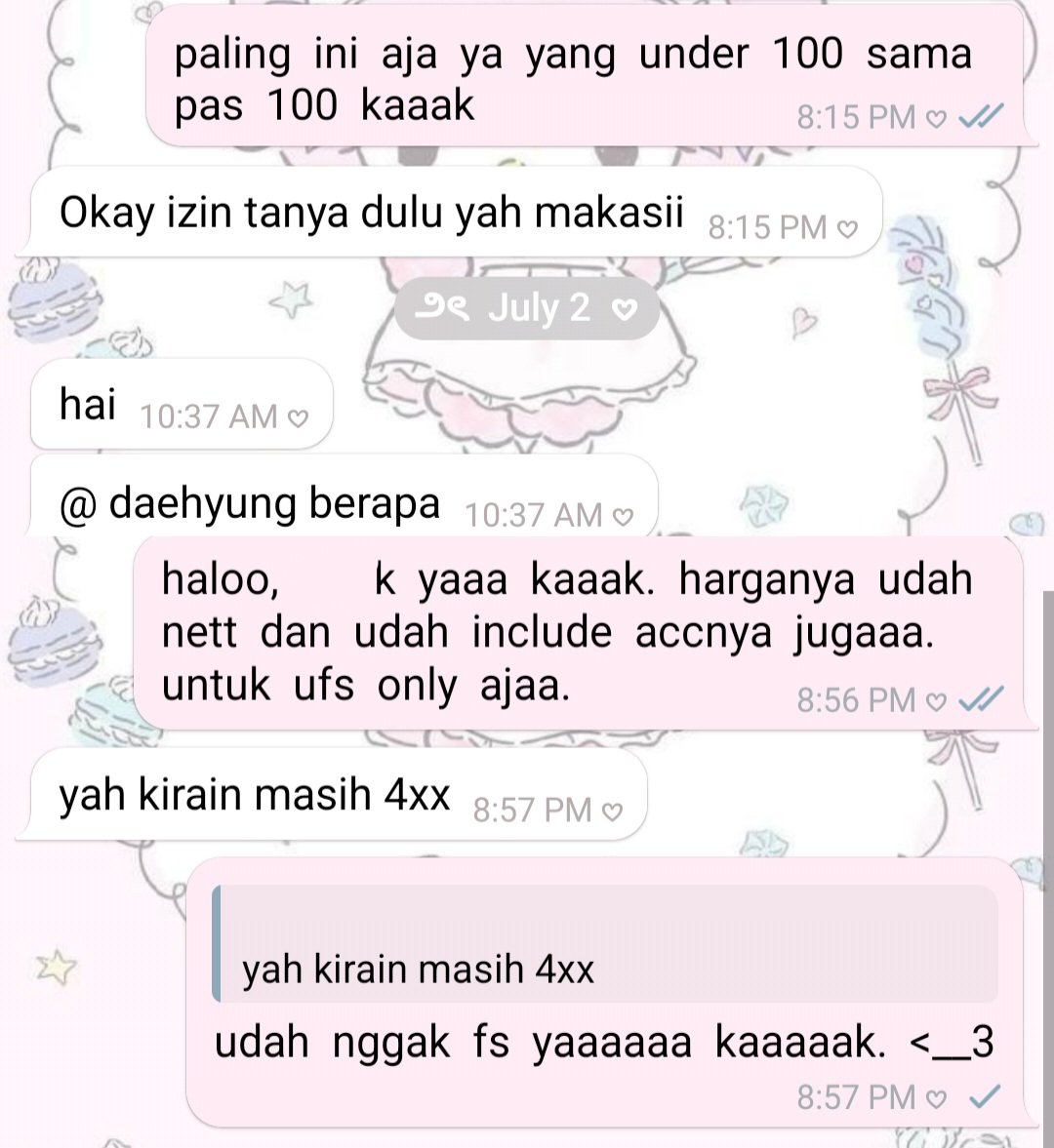 smini's tweet image. masih  kesel  sama  ini  orang  btw.  dia  selalu  nanya  harga  @  yang  sama  di  akunnya  yang  banyak  dan  beda  beda  itu.  one  time  dia  nanya  @  taehyung  di  aku  dan  ditawar  segini,  balasannya  gaenak  banget  wkwkwk.  eh  bbrp  hari  kemudian  chat  di  tele.