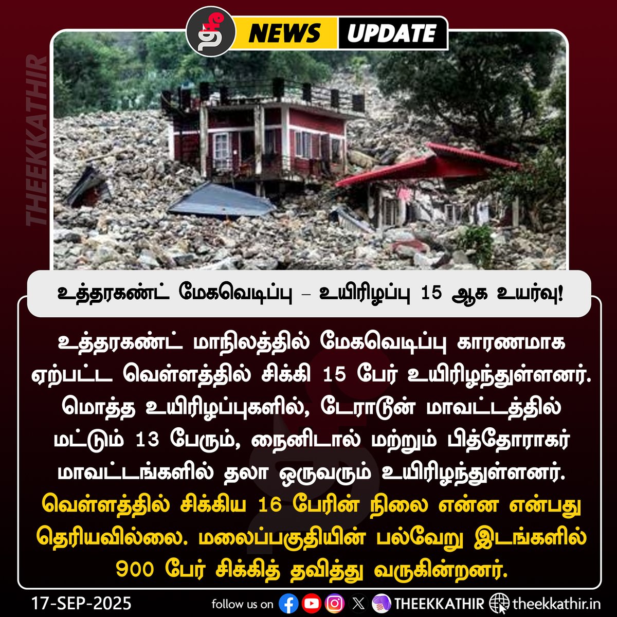 Theekkathir's tweet image. உத்தரகண்ட் மேகவெடிப்பு – உயிரிழப்பு 15 ஆக உயர்வு!

#Theekkathir | #UttarakhandNews | #cloudburst