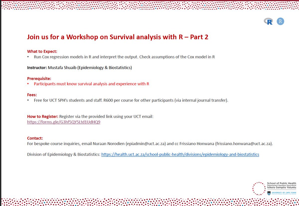 📊Coming up this Friday, 19 September:
👉In-person workshop on Survival analysis with R – Part 2
🔗Registration: forms.gle/G3hf5QY5Ltd1Ud…
#UCTPublicHealth #RStats #Biostatistics #DataScience
<a href="/UCT_news/">UCT</a>  <a href="/UCT_SPH/">UCT School of Public Health</a>  <a href="/UCTHealthSci/">UCT Health Sciences</a>  <a href="/uct_bmhsl/">Bongani Mayosi Health Sciences Library (BMHSL)</a>