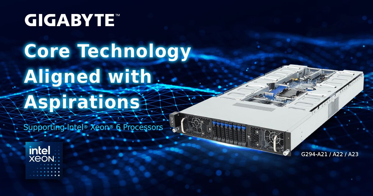 GigaComputing's tweet image. 🚀 Unpacking the possibilities with the Intel® Xeon® 6!
Our G294 Server Series has officially launched! Powered by Intel® Xeon® 6900-series processors.
🔹 G294-A21-AAP2 – Up to 4 × dual-slot Gen5 GPUs
🔹 G294-A22-AAP2 – Up to 8 × dual-slot Gen5 GPUs
🔹 G294-A23-AAP2 – Up to 16…