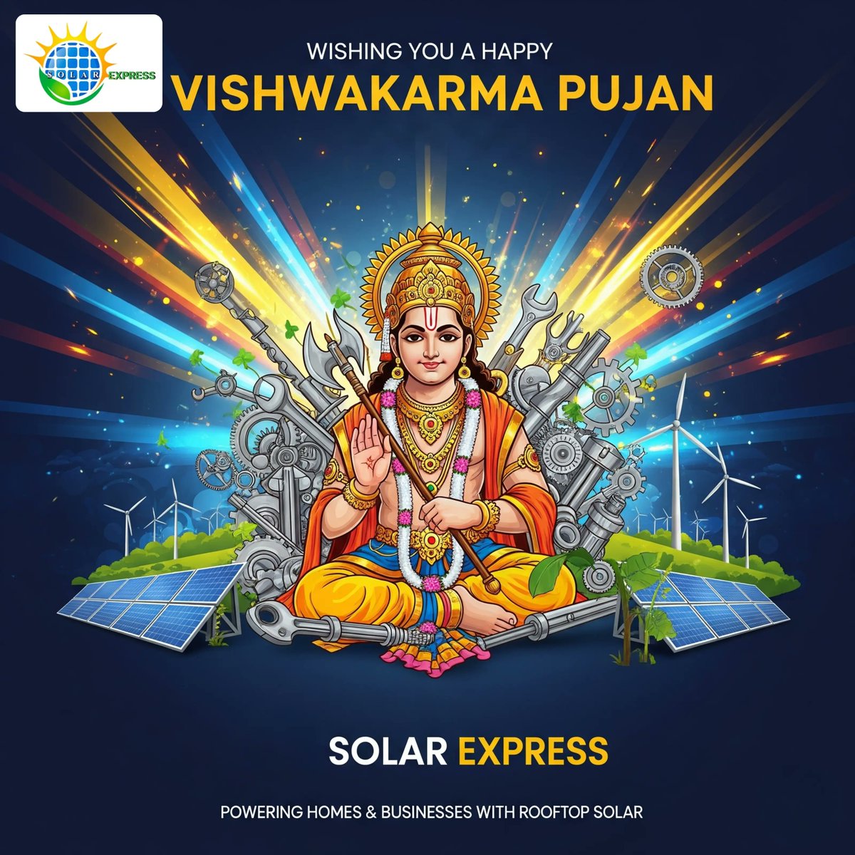 SolarExpressInd's tweet image. 🌞🙏 Solar Express wishes you a Happy Vishwakarma Pujan!

May Lord Vishwakarma bless us with innovation, skill &amp;amp; prosperity.

Let’s build a greener future with clean solar energy. 🌱⚡
#VishwakarmaPujan #SolarExpress #CleanEnergy #Solar