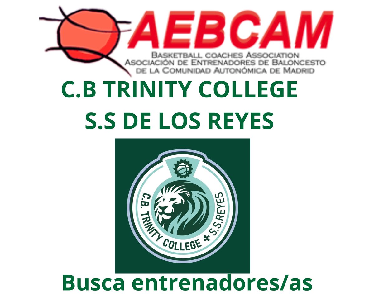 Oferta: buscan entrenadores/as
- Benjamín masc y fem. 
- INFANTIL masc y fem. 
- Alevín masc y fem. 

Contacto:
- albertoarroyo@trinitycollegessreyes.es 
- 649103847
#bolsadetrabajo #aebcam #entrenadoresdebaloncesto #entrenadorasdebaloncesto
