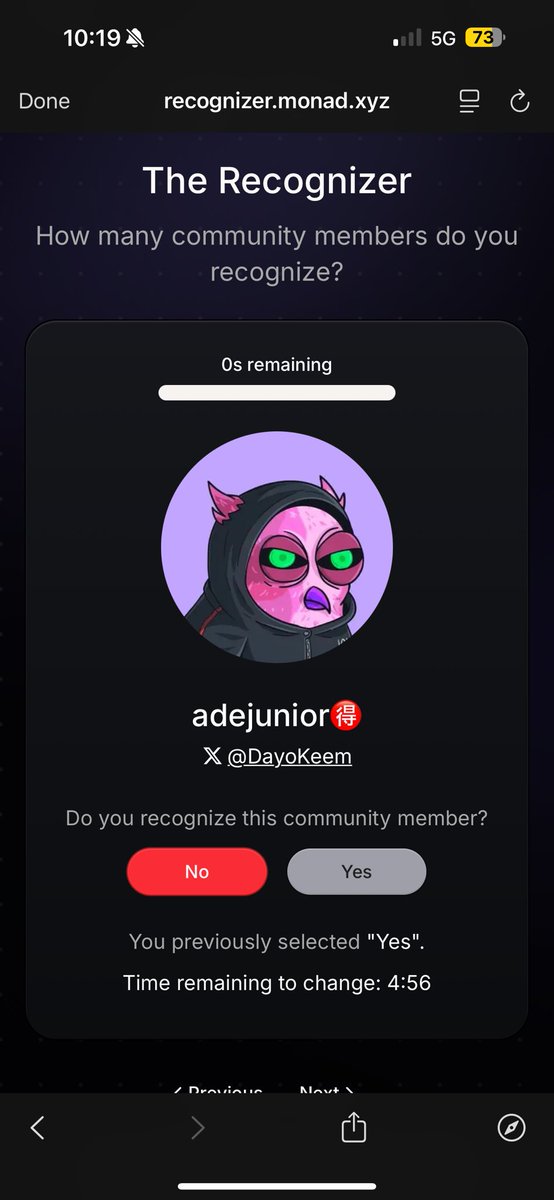 Hwy guys , I just played the Monad Community Recognizer!

I'm doing my part in keeping the community safe, strong and thriving.

 Drop your handles let’s recognise .

Make sure your play this game 
 recognizer.monad.xyz/quiz