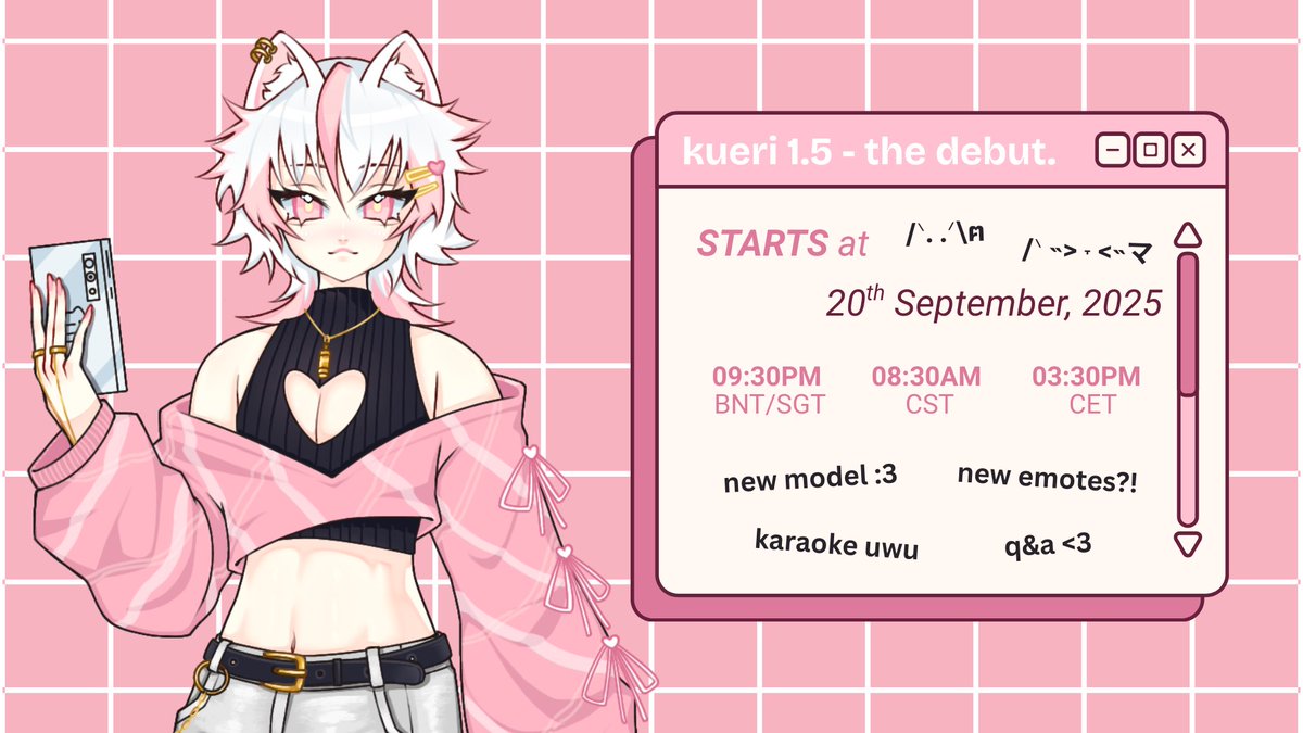 kkuerii's tweet photo. a slight time changes for this weekend's special stream
- just 3 more days left before the model debut !!

chat, i'm nervous. somebody hold my paws-

#Vtuber #PNGModelDebut https://t.co/eaIK6hzvVy