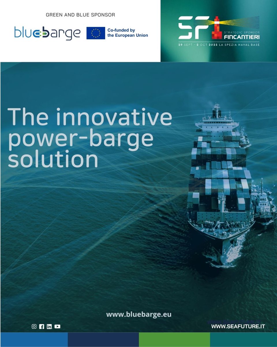 📢 #BlueBARGE is proud to sponsor the Green &amp; Blue Innovation Hub at <a href="/Seafuture2025/">Seafuture</a> (#LaSpezia 🇮🇹).

🌊 On Oct 1, Reza Karimpour will present the project during the #GreenShipping &amp; #AlternativeFuels session, visit our booth &amp; meet the team!

➡️ tinyurl.com/33sk6byh