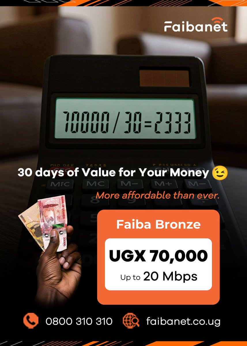 nbstv's tweet image. Your internet, your value. With just UGX 70,000, stay connected for 30 days less than UGX 2,500 per day with @faibanet 

#BeUnlimited #UnlimitedInternetExperience #NBSUpdates