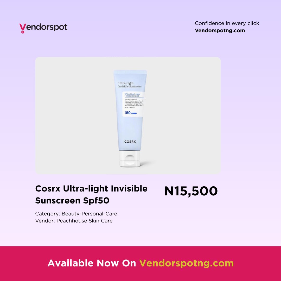 VendorsSpot's tweet image. Protect your skin with NIVEA &amp;amp; COSRX!

NIVEA UV Super Water Gel SPF50 – lightweight, water-resistant, long-lasting 💙

COSRX Ultra-light Invisible SPF50 – invisible, no white cast, all skin tones ✨

💰 NIVEA: ₦20,000 | COSRX: ₦15,500

🛒 Shop on VendorSpot!

#Vendorspot #SPF50