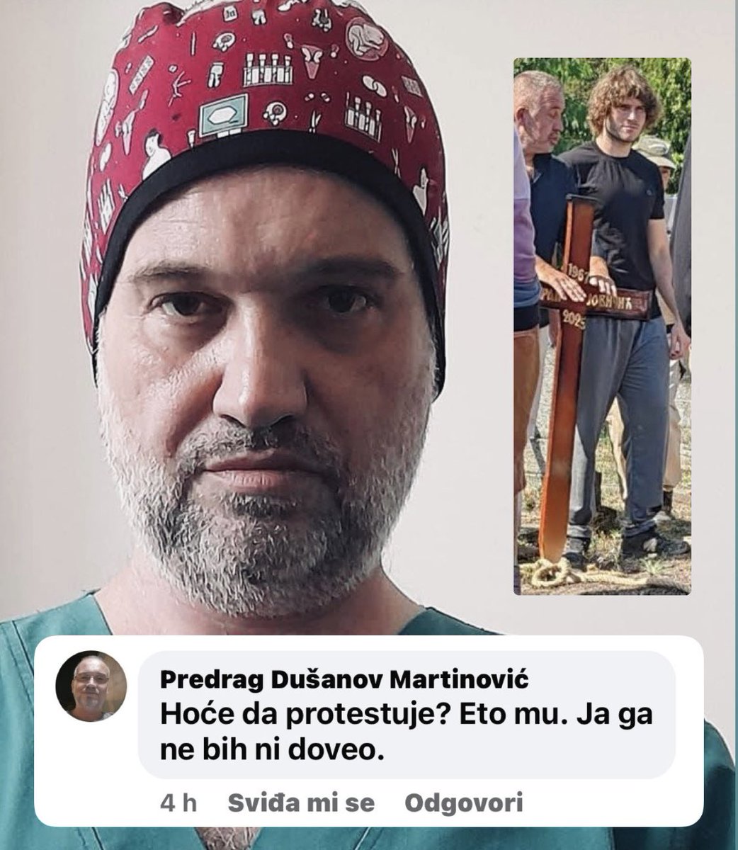 izaprofilne's tweet photo. Učinimo ga poznatim! #pamtimo 

Dr Predrag Martinović je ispod fotografije na kojoj je Bogdan Jovičić student koji je nezakonito pritvoren i doveden sa lancima na nogama na sahranu svog oca napisao jako ružan komentar.

Njegov FB: https://t.co/n8a5BecGAX

#Srbija #vesti https://t.co/nwSQhy1P4z