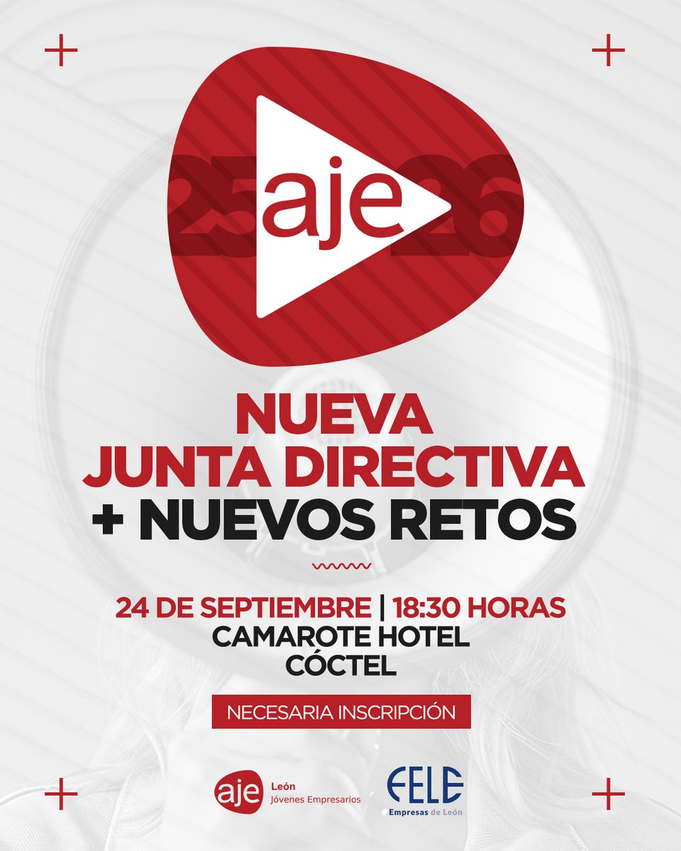 ⚠️ATENCIÓN CAMBIO DE HORA SE ADELANTA A LAS 18.30⚠️

 El 24 de septiembre en el Camarote Hotel presentamos la nueva Junta Directiva de AJE León.
✨ Conoce a la nueva Junta
✨ Descubre los próximos retos
✨ Networking + cóctel 🥂
🔗 Inscripción aquí: forms.gle/AA4BzXywoUTnRF…