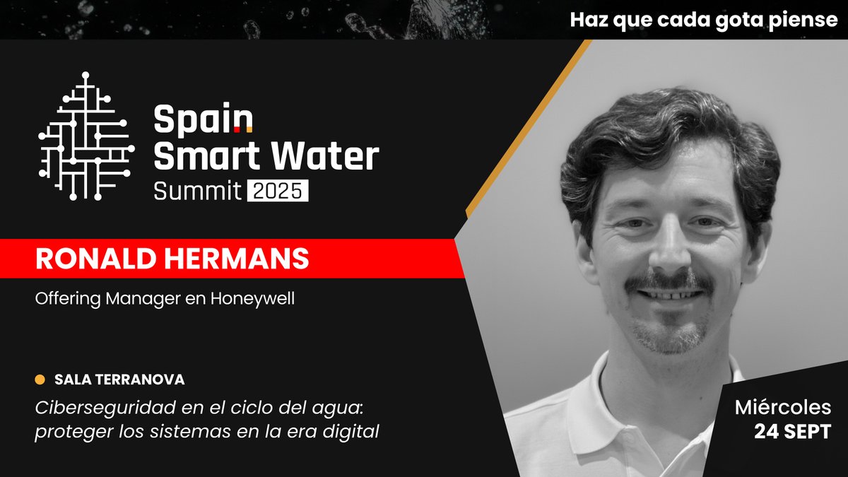 Ponente confirmado en #SSWS2025

👤 Ronald Hermans — Offering Manager en <a href="/honeywell/">Honeywell</a> 
🗓️ 24 sept | 📍 Sala Terranova
💬 Ciberseguridad en el ciclo del agua: proteger los sistemas en la era digital
👉 iagua.es/spain-smart-wa…

#HazQueCadaGotaPiense #SmartWater