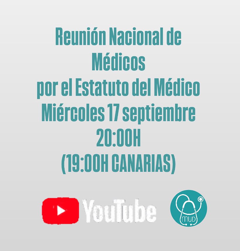 MUDmedicos's tweet photo. Hoy a las  20:00h (19:00h Canarias) celebraremos una reunión en el canal YouTube de @MUDmedicos en la que anunciaremos acciones concretas que harán posible la aprobación del #Estatutodelmedico .

¿Te lo vas a perder?

Enlace YouTube https://t.co/T2xV93zcvb https://t.co/hU7o3laWsT