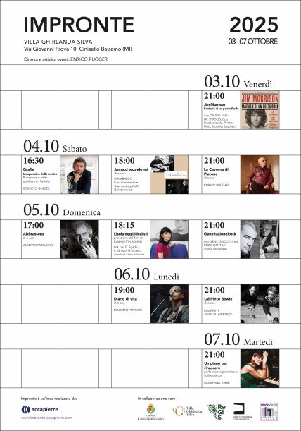 comunecb's tweet image. Dal 3 al 7 ottobre la quinta edizione della rassegna IMPRONTE in Villa Ghirlanda Silva. 
Un appuntamento che unisce musica, letteratura, arti visive e cinema. Un’iniziativa voluta da Giovanni Favero
Direzione artistica ENRICO RUGGERI. 
bit.ly/3VRubM3