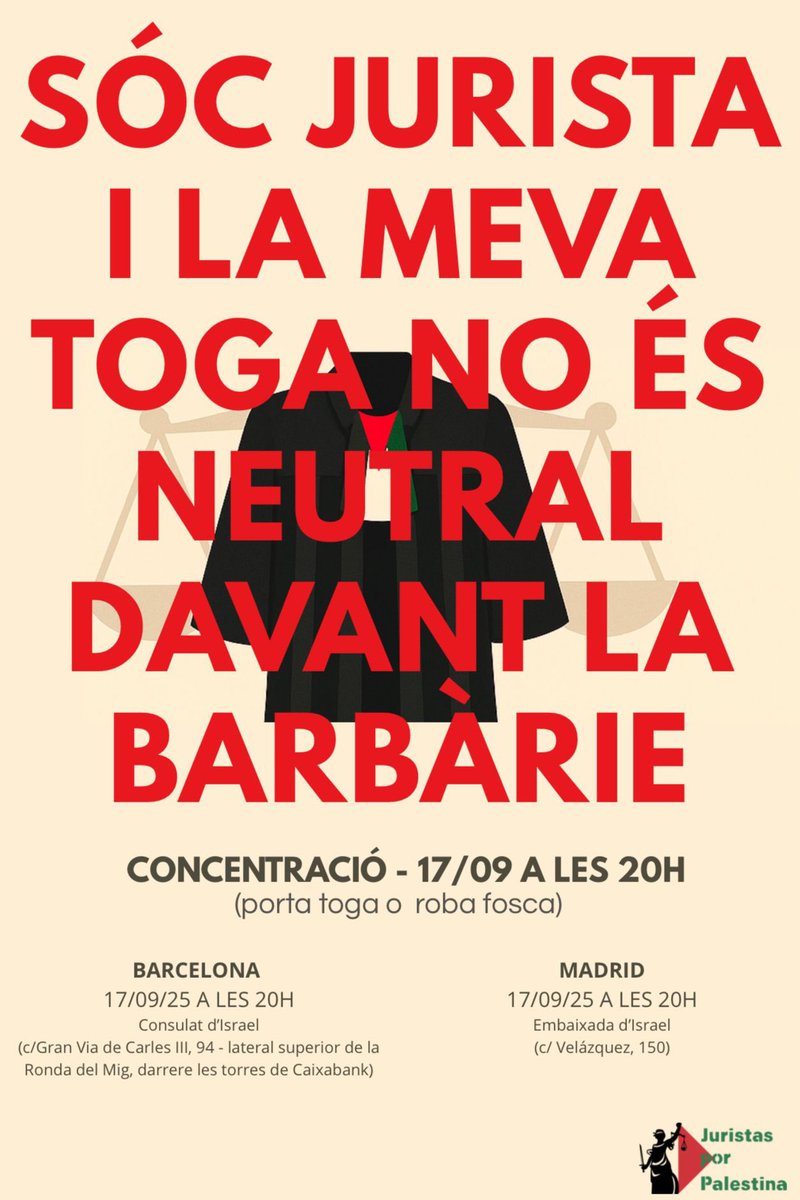 Hoy concentraciones en Madrid, Barcelona… 
Mañana 18S en Las Palmas de Gran Canaria. A las 14.00 en la Ciudad de la Justicia (Calle Málaga 2) 
“Los operadores jurídicos de Canarias condenan el genocidio del Estado de Israel contra el pueblo de Palestina”👇🏾eldiario.es/1_c058fd