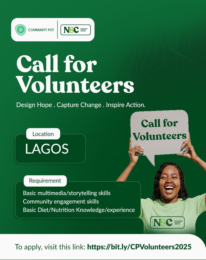 community_pot's tweet image. Are you Passionate about community health &amp;amp; storytelling in Lagos? We're building a team of volunteers to make a real impact. We need your skills in multimedia, community engagement, and basic nutrition.
 Apply here: bit.ly/CPVolunteers20…
#SocialImpactNG