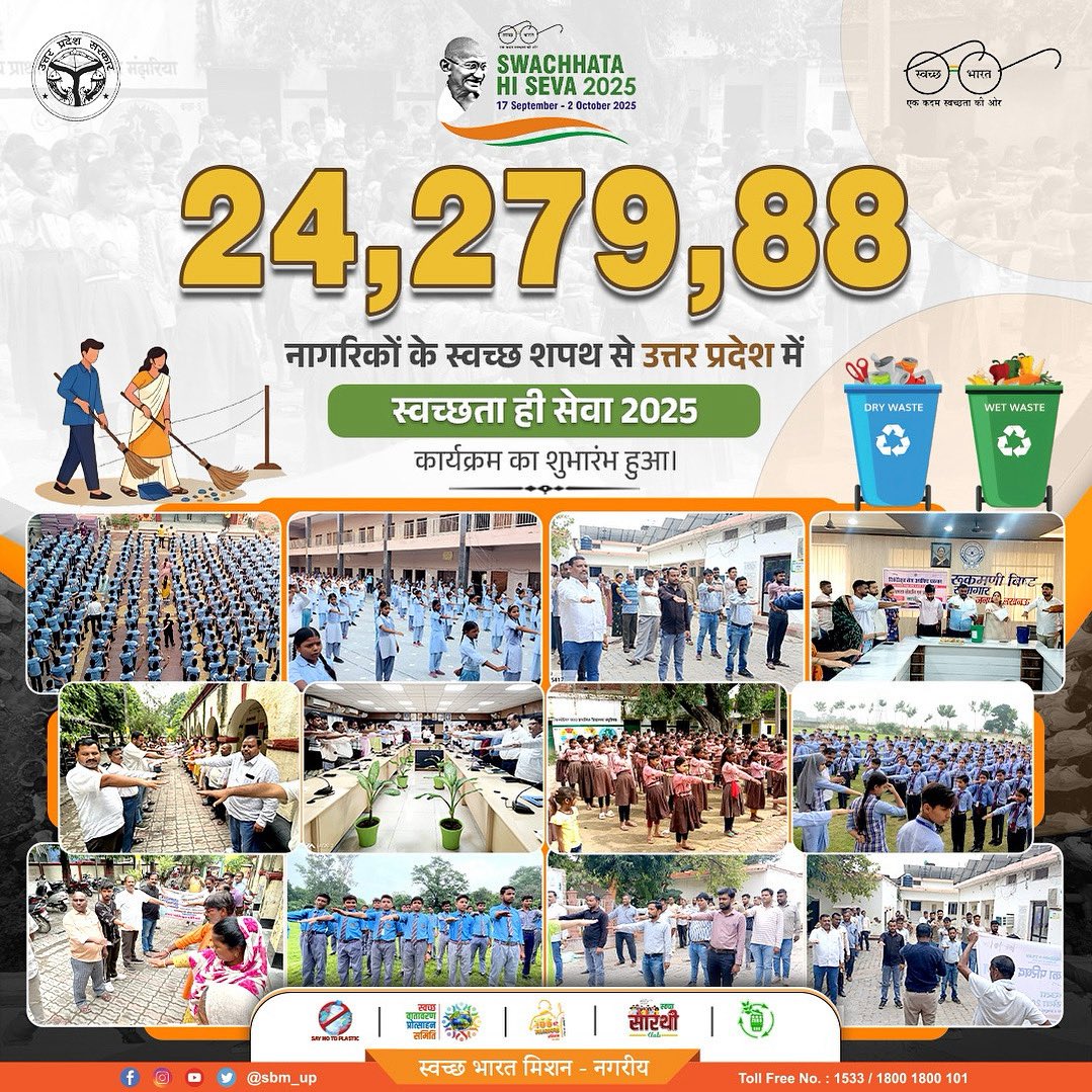 SBM_UP's tweet photo. 🌍✨ उत्तर प्रदेश में 24,27,988 नागरिकों ने स्वच्छता की शपथ लेकर स्वच्छता ही सेवा 2025 की शुरुआत की!  ♻️

विद्यालयों से लेकर समुदायों तक स्वच्छता का संकल्प गूंज रहा है। 🚮🌱
आइए मिलकर बनाएं स्वच्छ, हरित और स्वस्थ उत्तर प्रदेश! 🌿 

#SwachhataHiSeva2025 #SwachhBharat #SwachhUttarPradesh #SHS2025 
@SwachhBharatGov @UPGovt @NagarVikas_UP @CMOfficeUP @aksharmaBharat