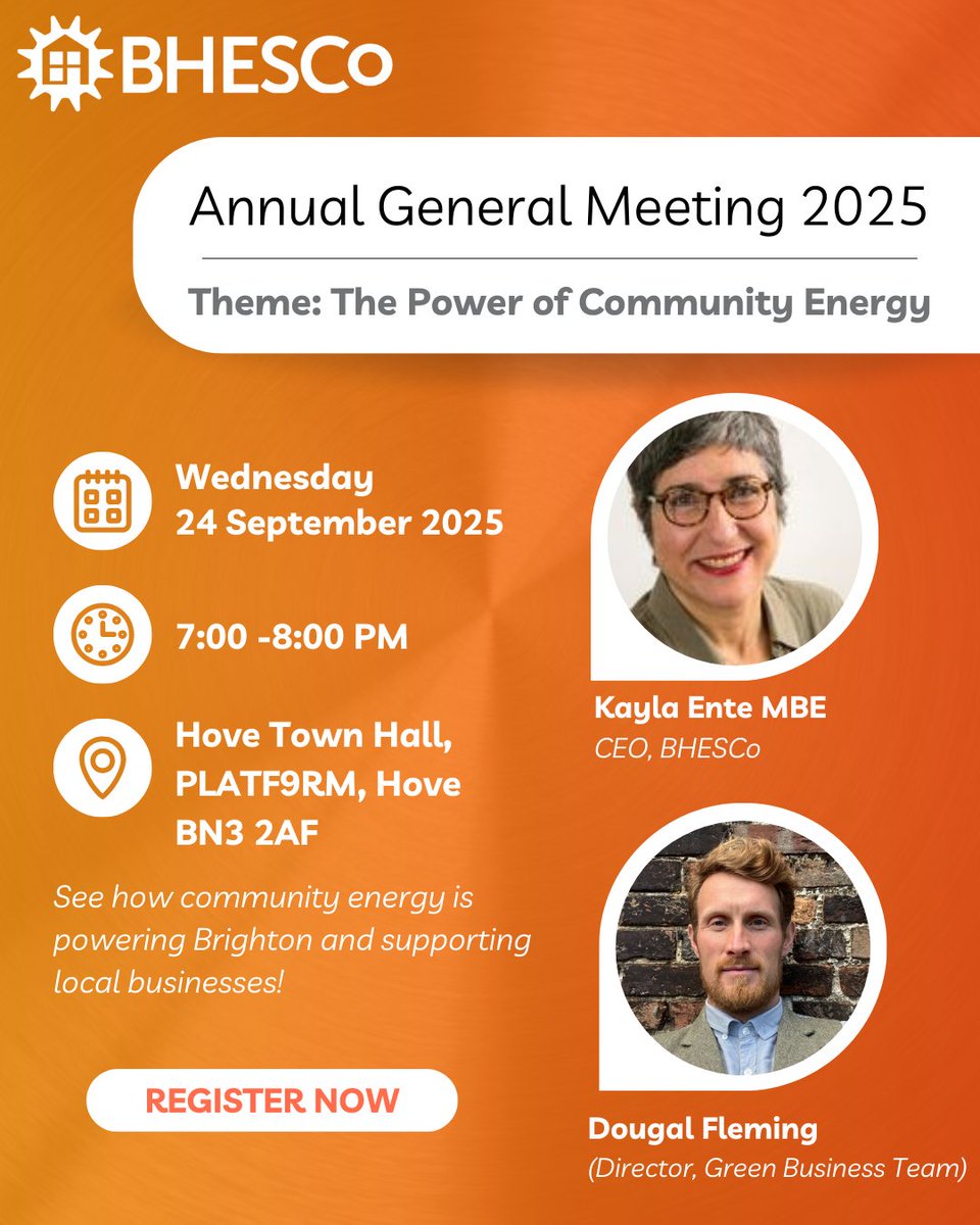 BHenergyservice's tweet photo. Join us at our AGM to explore the future of community energy!

Hear @kaylaente and Dougal Fleming talk 
on empowering communities and businesses with sustainable energy.

📅Wed, 24th Sept 
🕖7-8 PM
📍Hove Town Hall, PLATF9RM, Hove BN3 2AF

Register here: https://t.co/3fiyZ0qlPI https://t.co/gjH3AyrhsZ