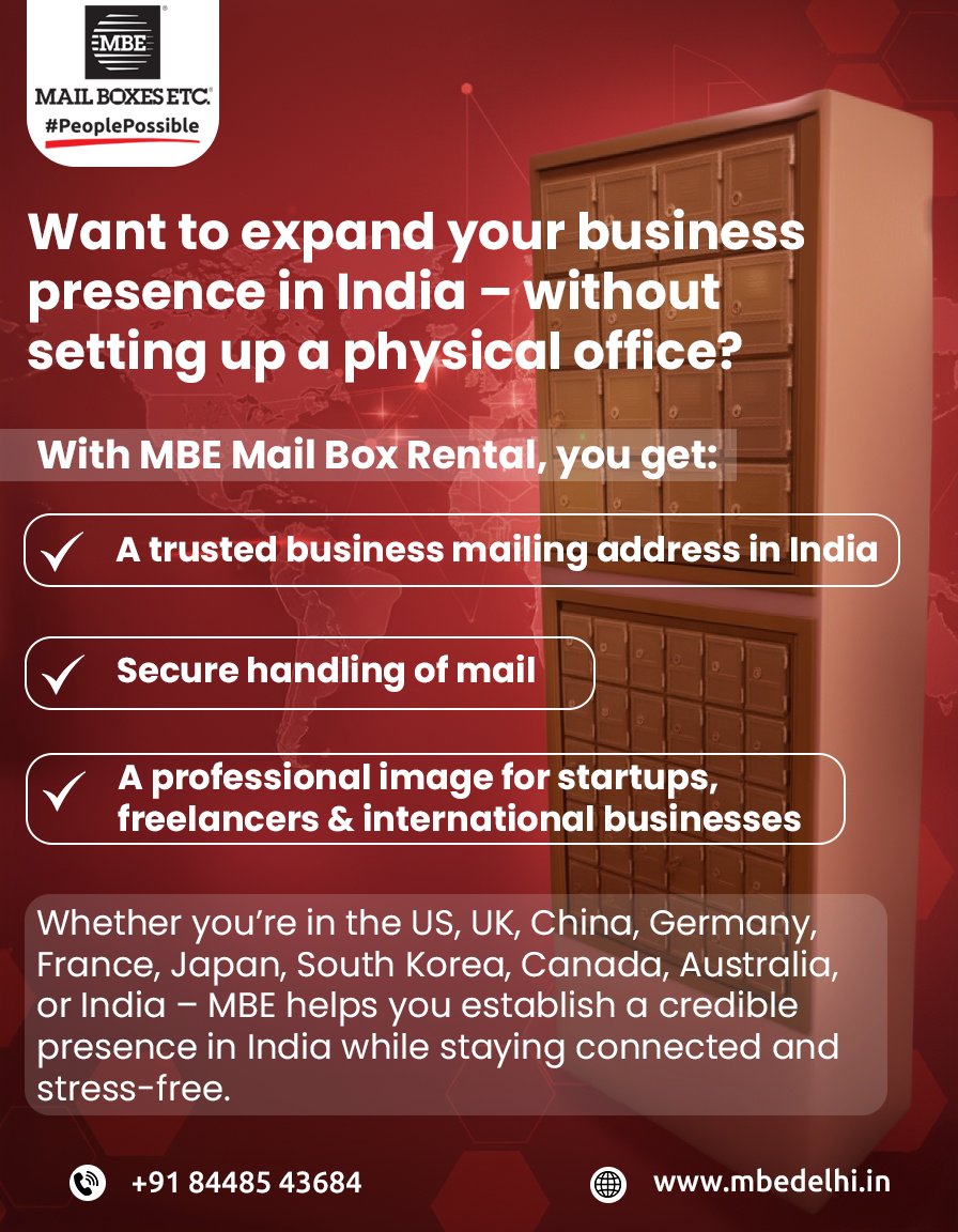 mbe_delhi's tweet image. Want a business presence in India without an office? 🏢✨
With MBE Mail Box Rental:
✅ Trusted mailing address
✅ Secure mail handling
✅ Professional image

#MailboxService #IndiaBusiness #USBusiness #UKBusiness #ChinaBusiness #GermanyBusiness #FranceBusiness #JapanBusiness