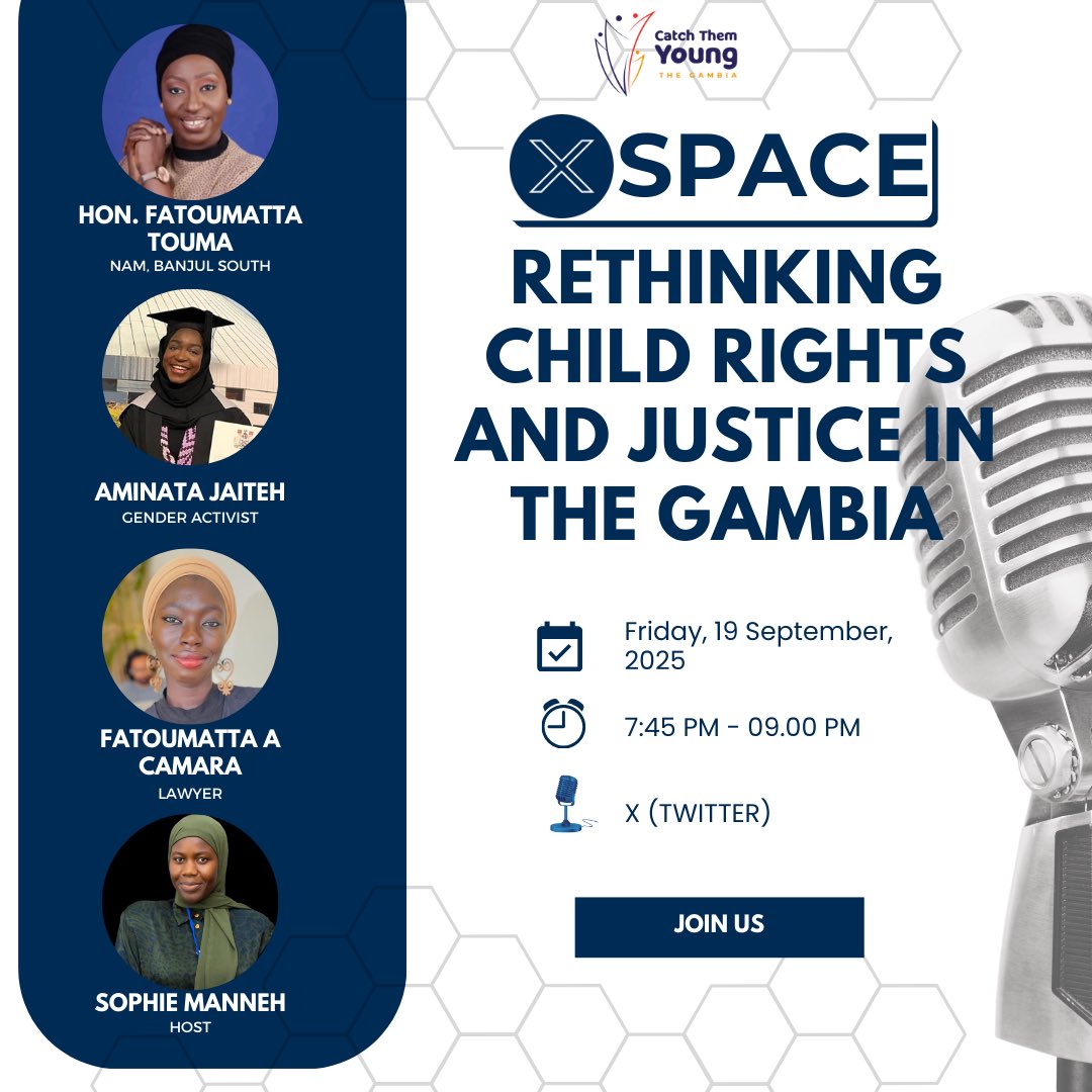 ⚖️ How do we close the gaps in protecting children in The Gambia?

Join us for an #XSpace on Child Rights &amp; Justice with policymakers, activists &amp; lawyers.

🗓️ 19 Sept | 🕖 7:45 PM
📍X (Twitter)

Our speakers: <a href="/toumanjai1/">Hon Touma Njai</a> <a href="/AFatoumatta/">Matta_AC</a> and <a href="/Aminatajaiteh5/">Aminata jaiteh</a> 
#ChildRights #CTYGambia