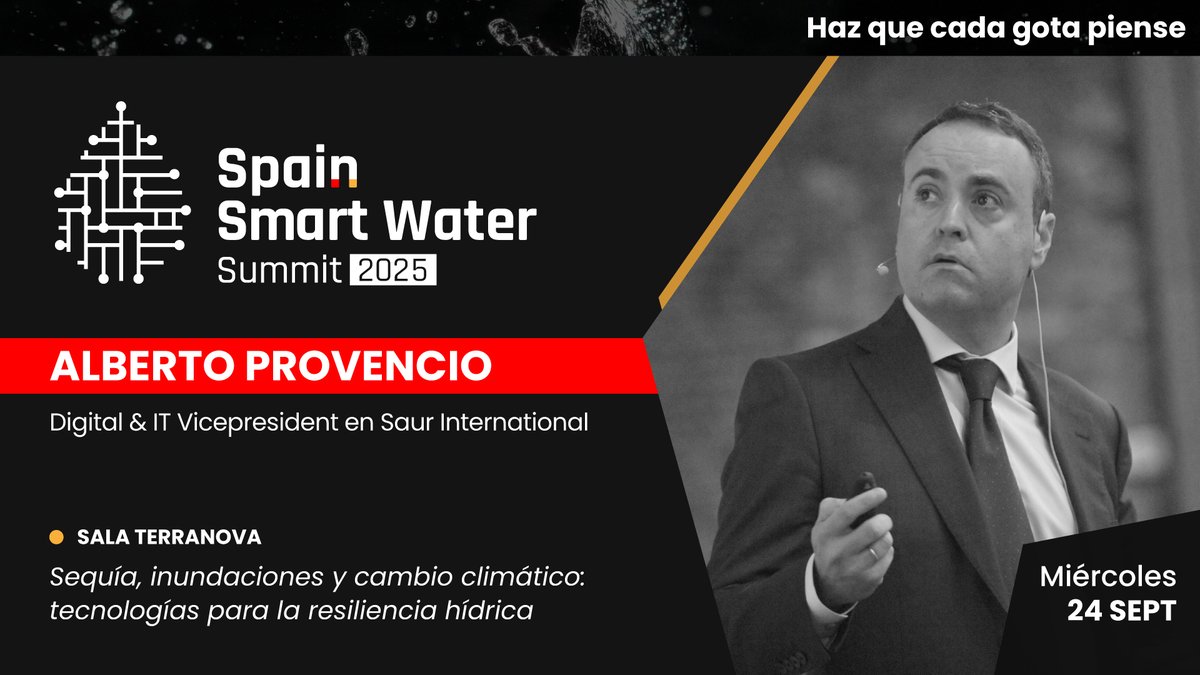 Ponente confirmado en #SSWS2025

👤 Alberto Provencio — Digital &amp; IT Vicepresident en <a href="/groupesaur/">Groupe Saur</a> International
🗓️ 24 sept | 📍 Sala Terranova
💬 Sequía, inundaciones y cambio climático: tecnologías para la resiliencia hídrica
👉 iagua.es/spain-smart-wa…

#HazQueCadaGotaPiense